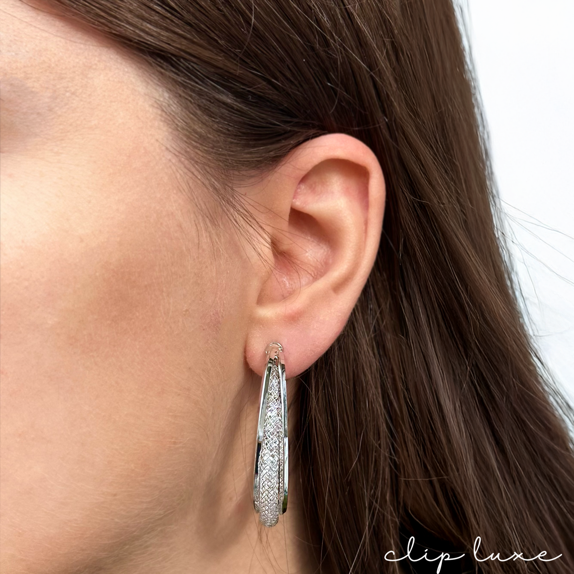 Glitter silver hoop clip on earrings