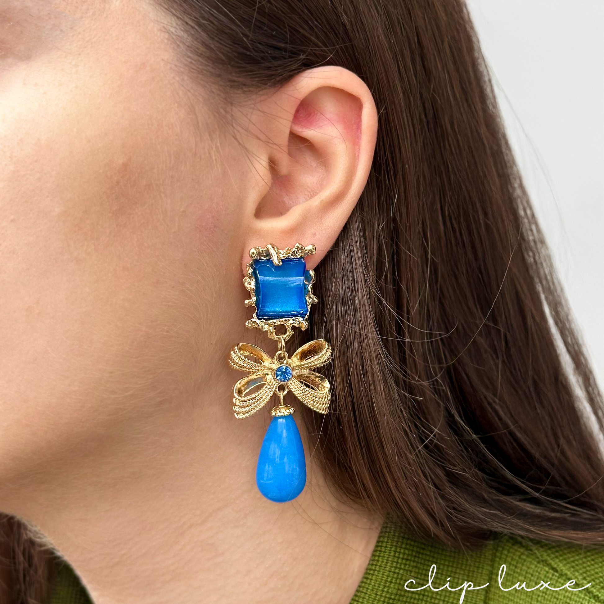 Gold and royal blue dangle clip on earrings
