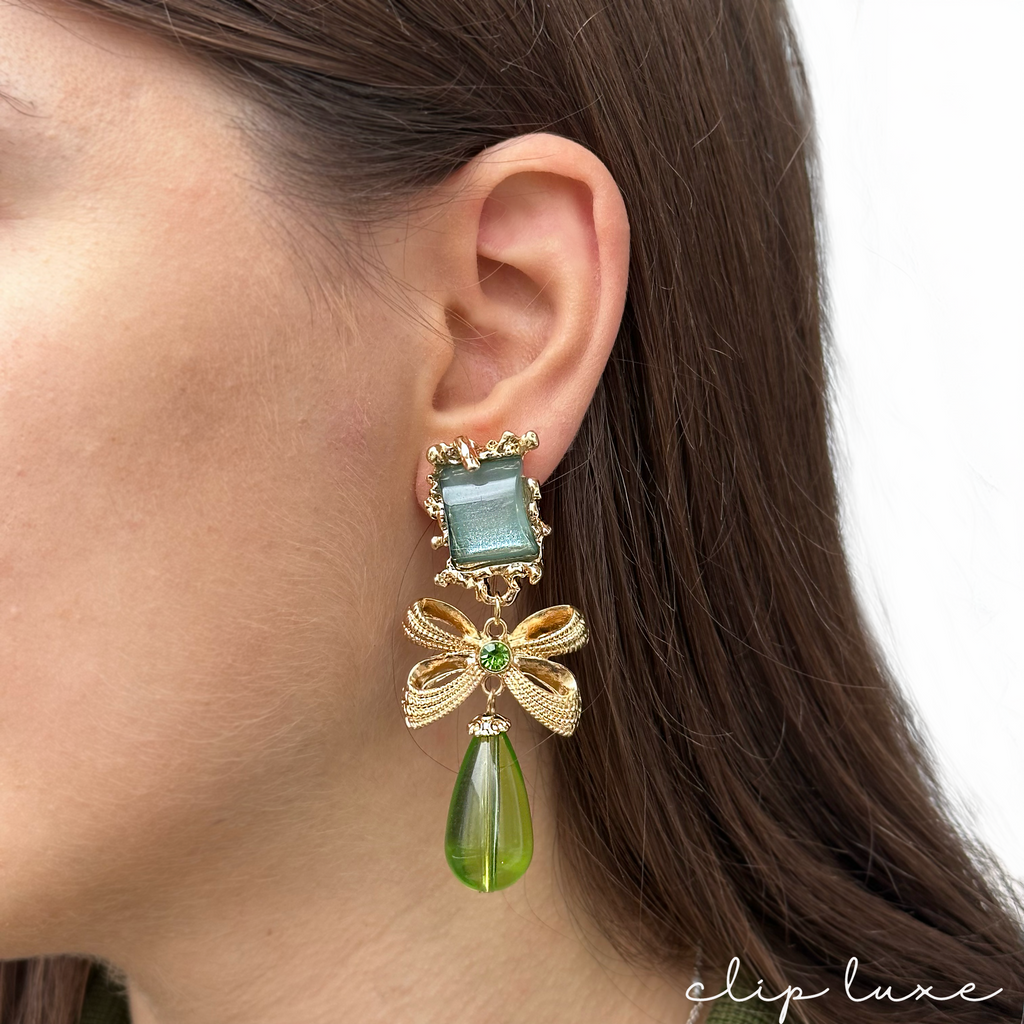 Gold and royal blue dangle clip on earrings