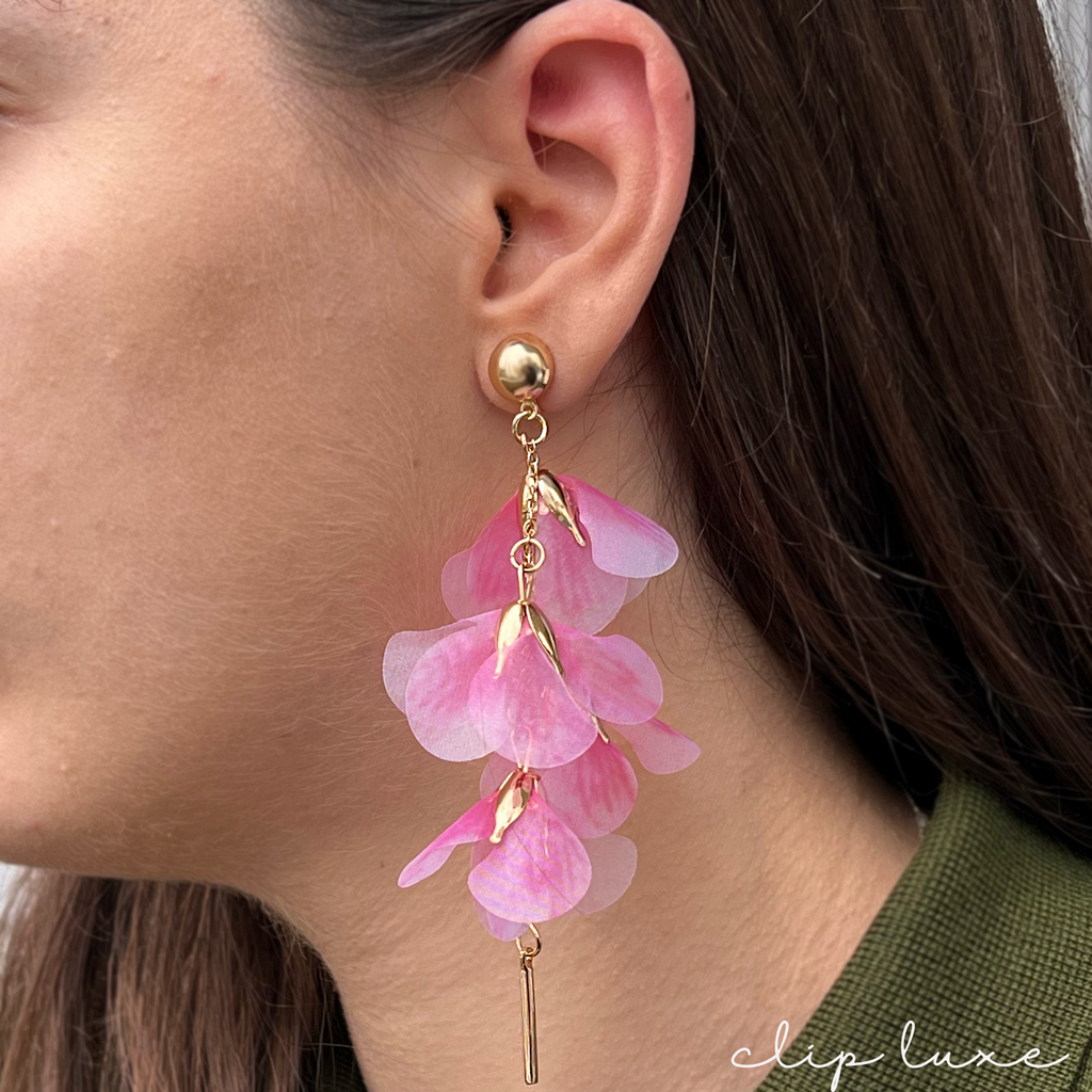 Flowing pink petal gold clip on earrings
