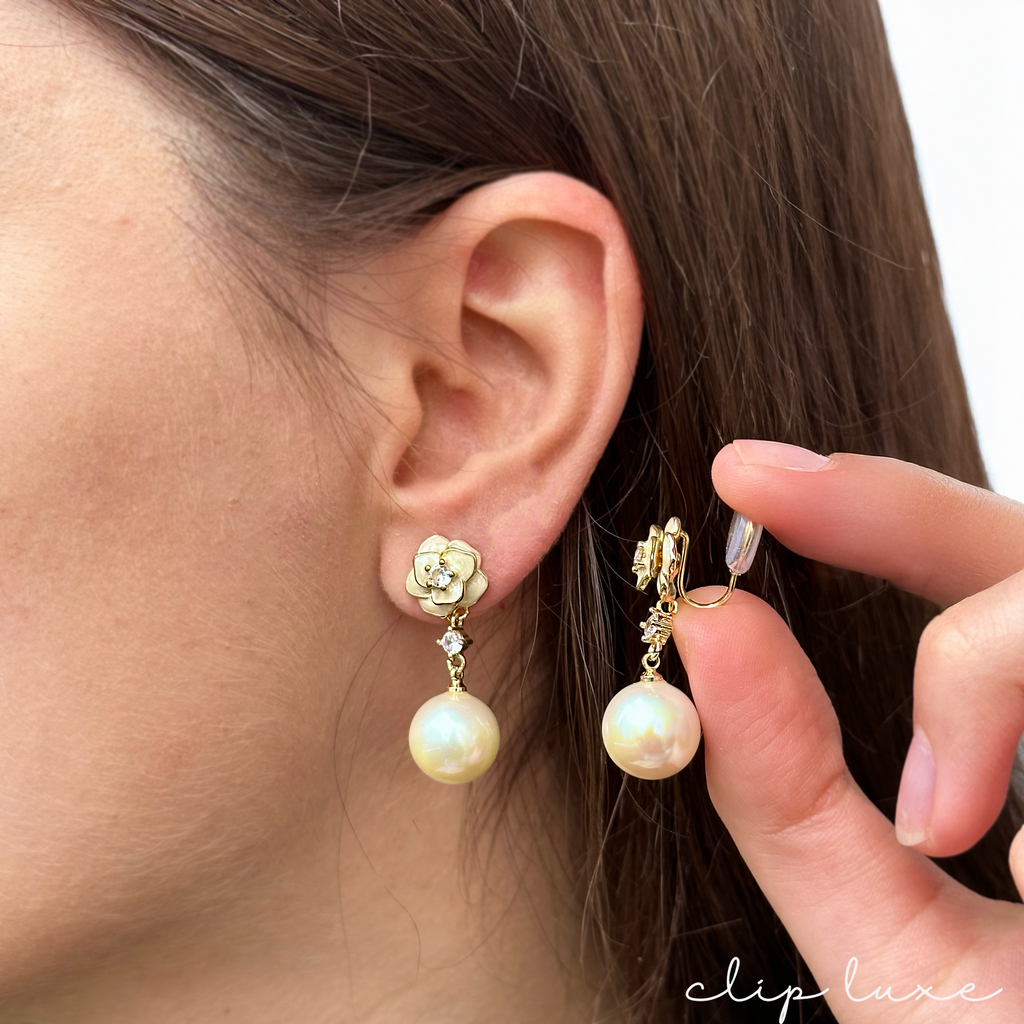 Small rose with pearl clip on earrings