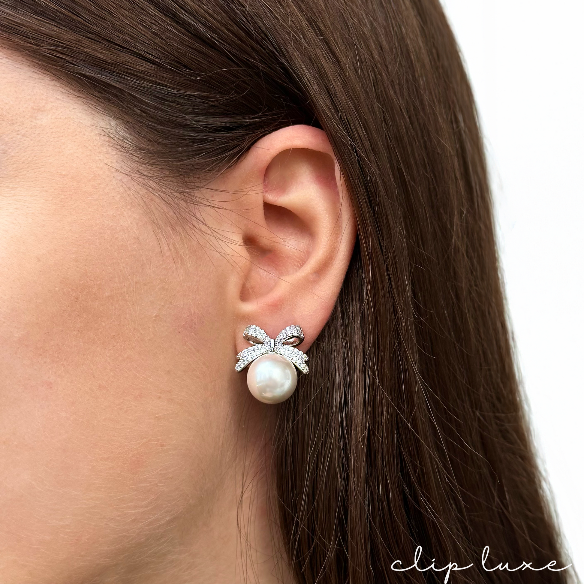 Luxe silver bow pearl clip on earrings