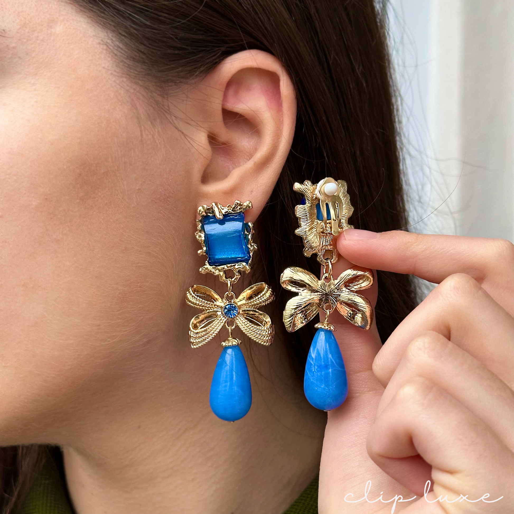Gold and royal blue dangle clip on earrings