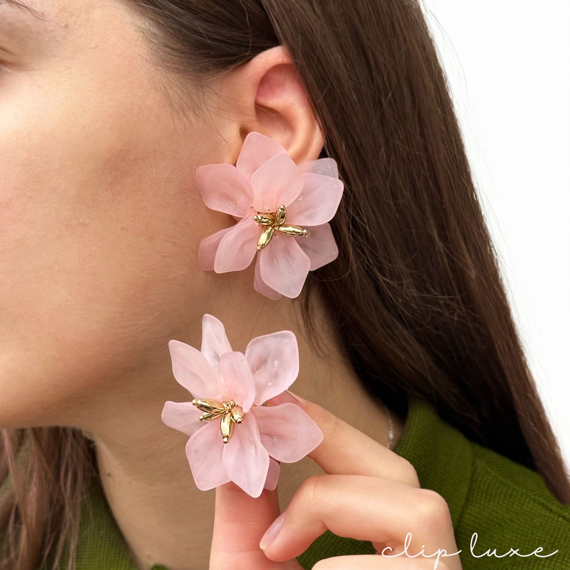 Pink blossom clip on earrings