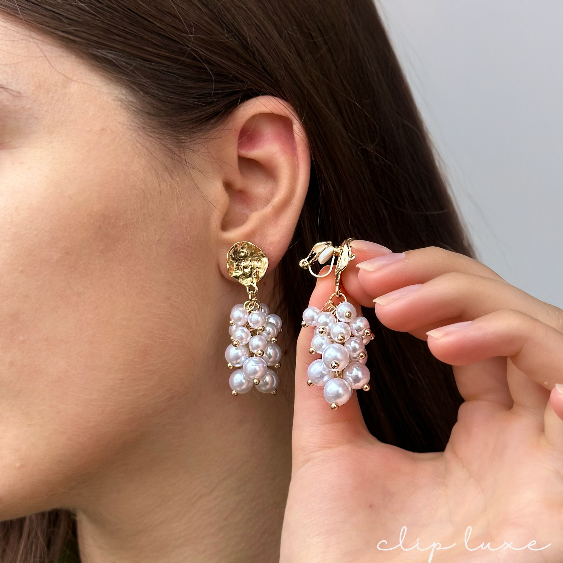 Pearl cascade clip on earrings