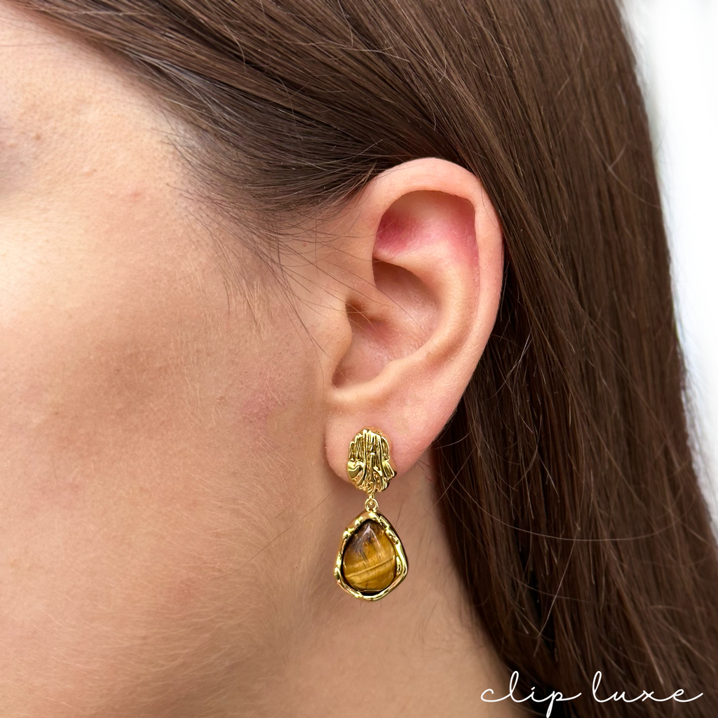 Elegant brown and gold stone clip on earrings
