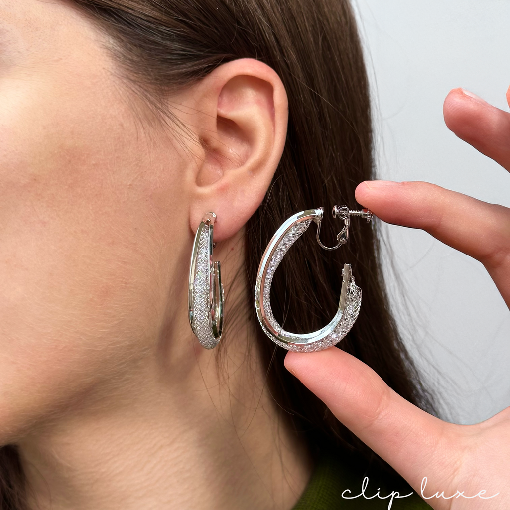 Glitter silver hoop clip on earrings
