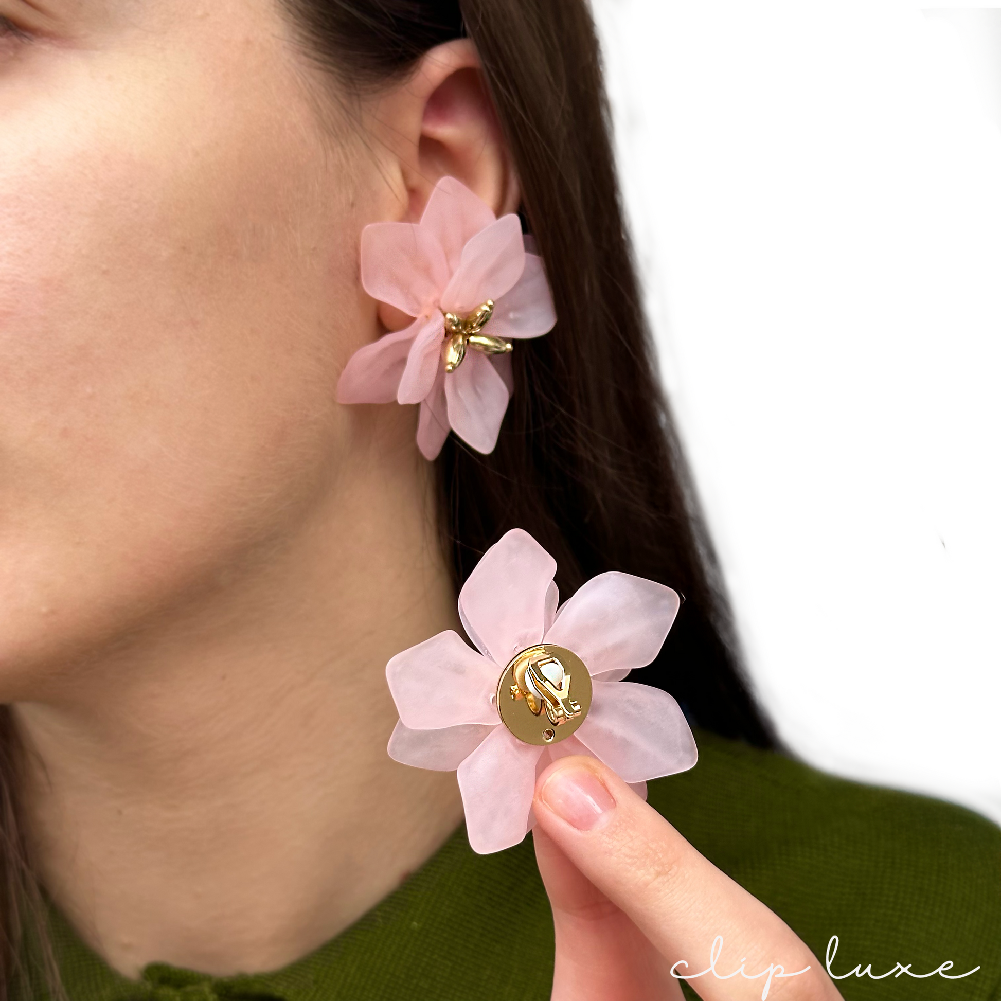 Pink blossom clip on earrings