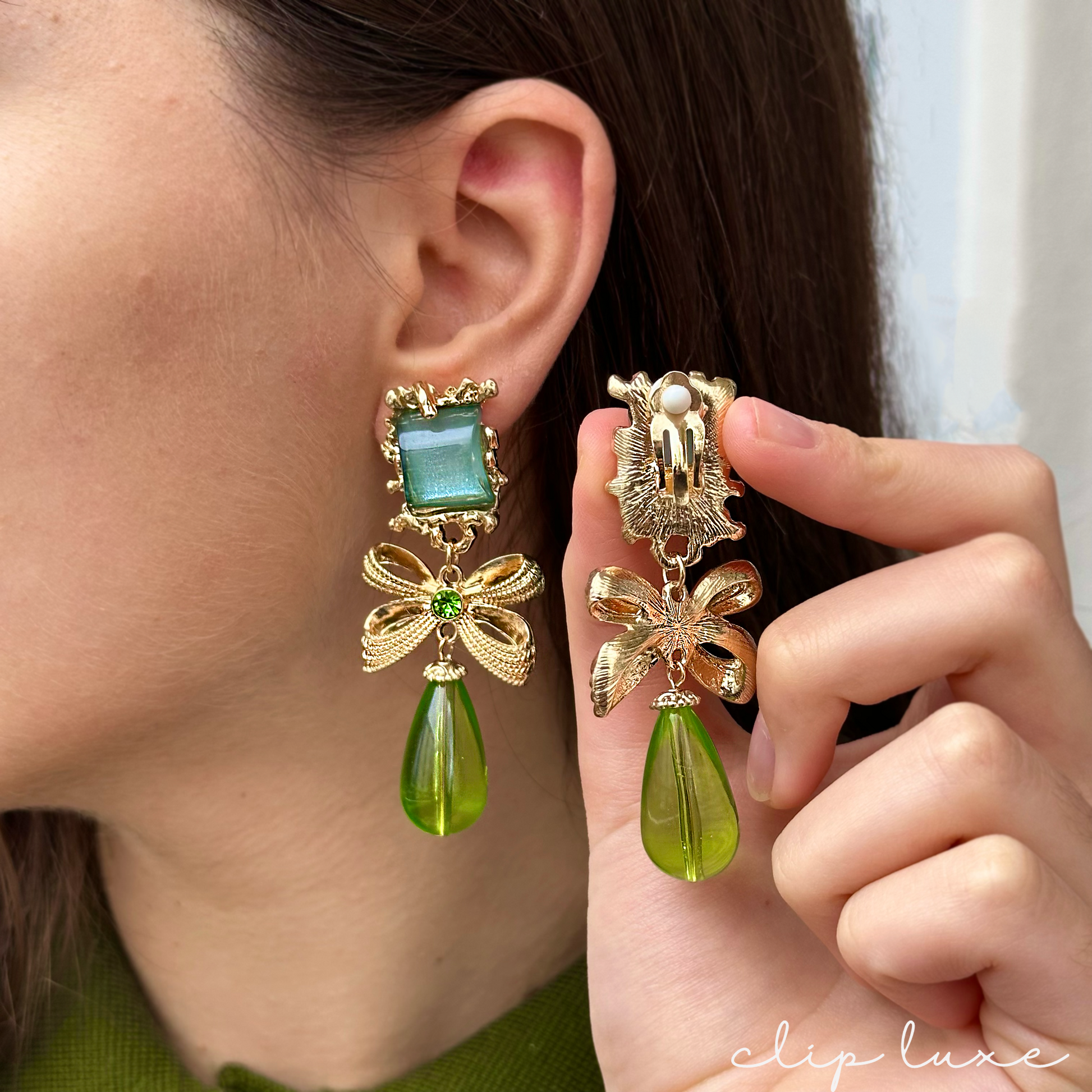 Statement gold and emerald drop clip on earrings
