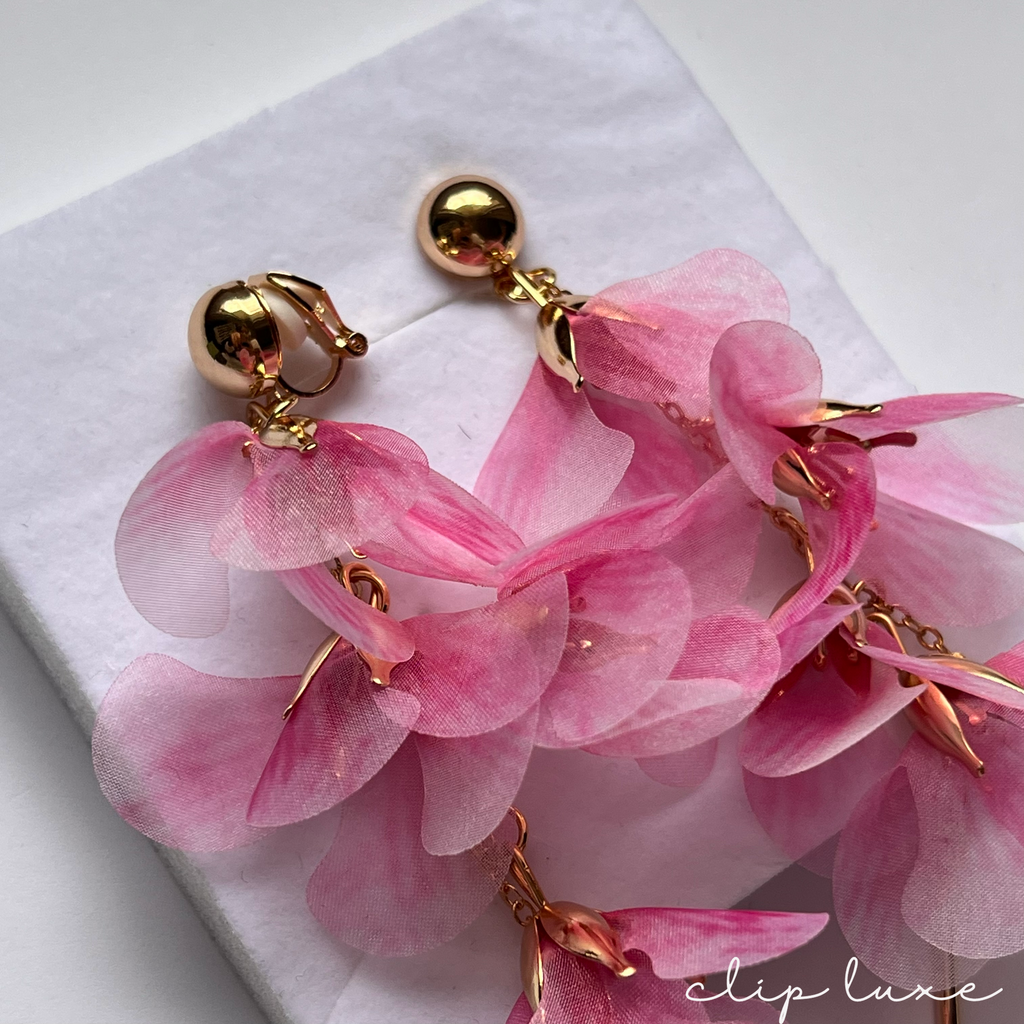 Flowing pink petal gold clip on earrings