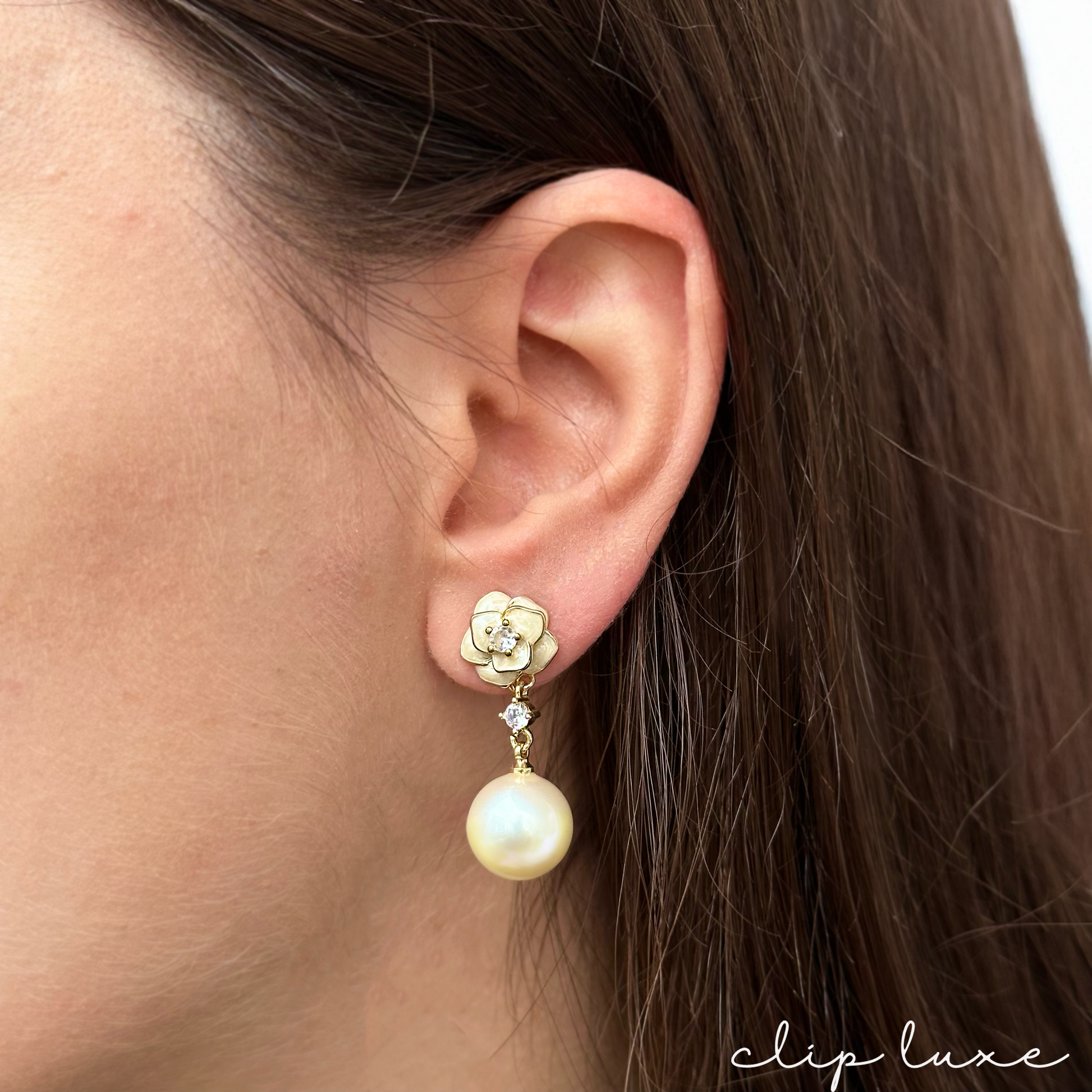 Small rose with pearl clip on earrings