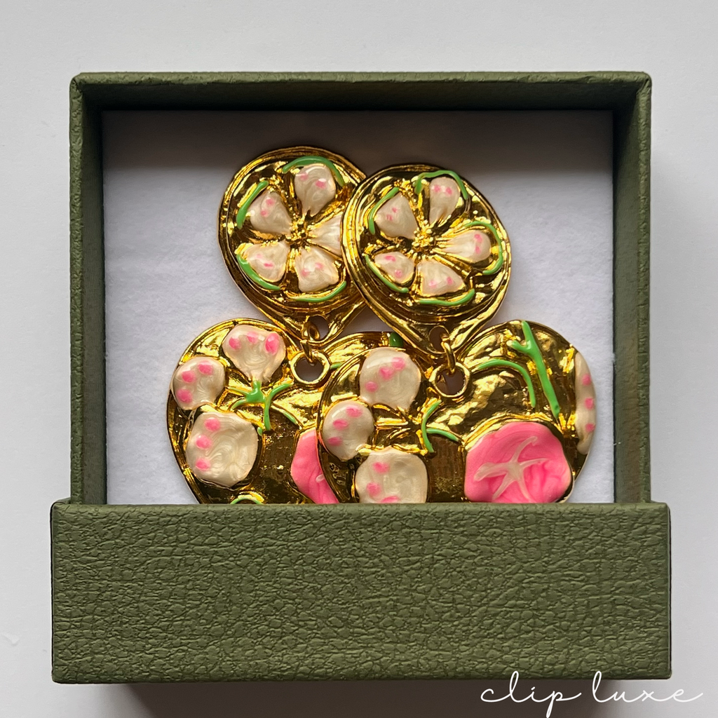 Statement chunky heart gold clip on earrings