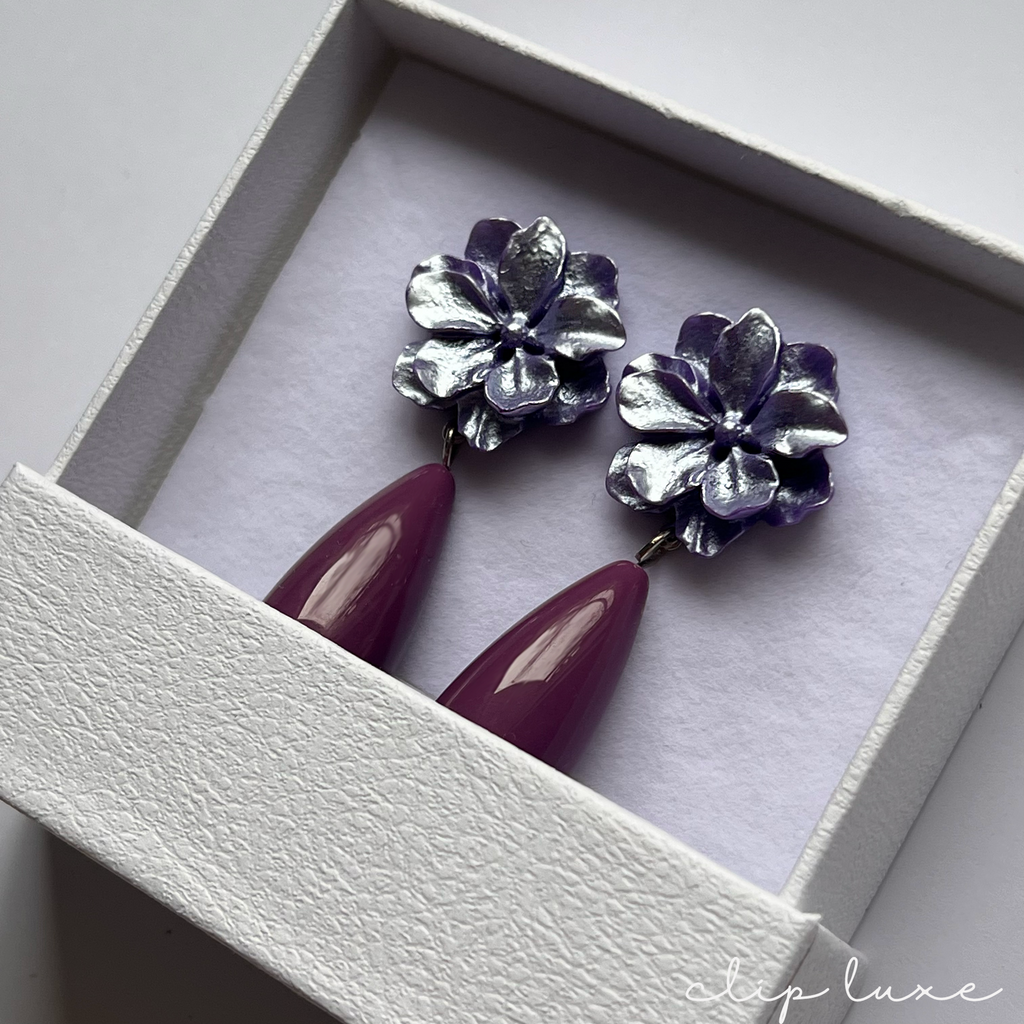 Soft lilac flower drop clip on earrings
