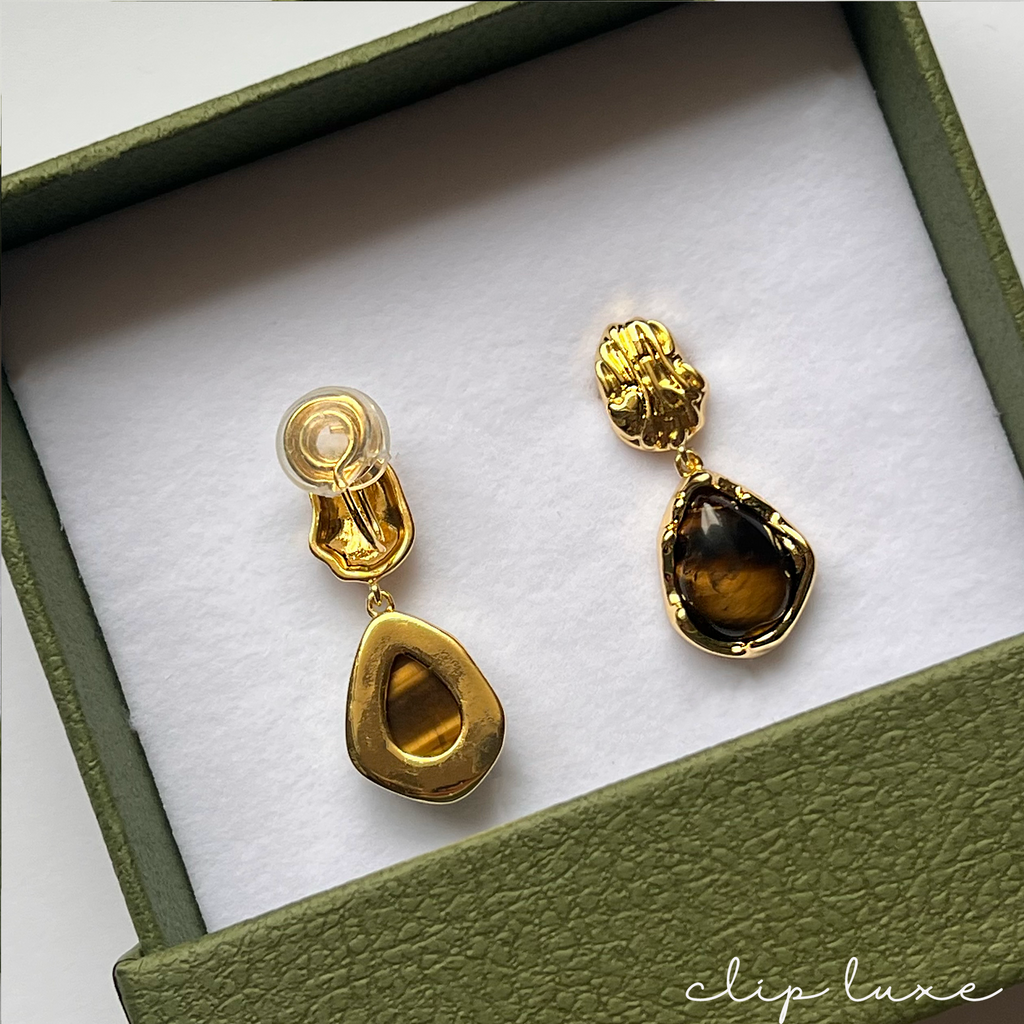 Elegant brown and gold stone clip on earrings