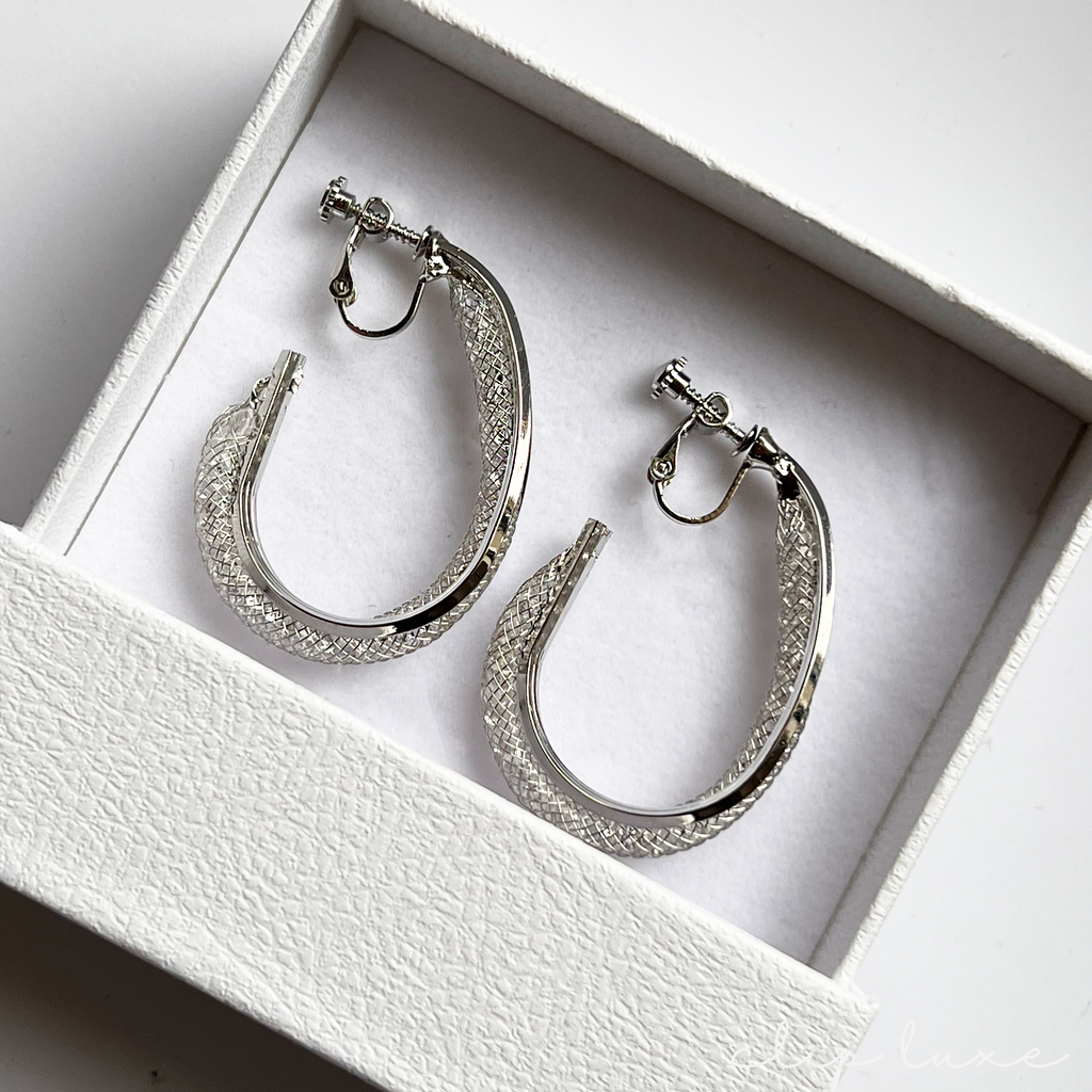 Glitter silver hoop clip on earrings