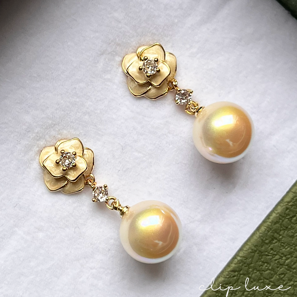 Small rose with pearl clip on earrings