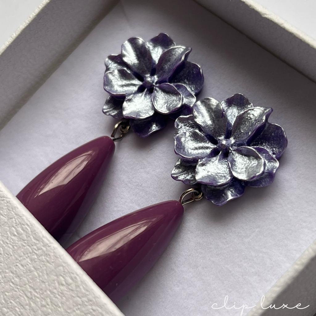 Soft lilac flower drop clip on earrings