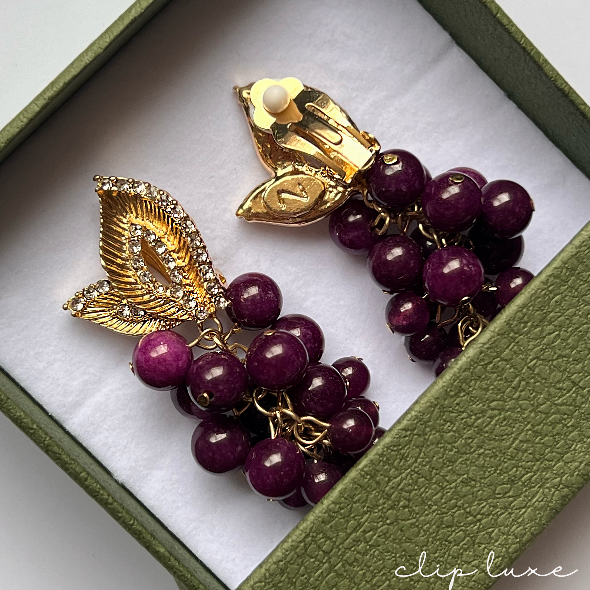 Opulent grape drop clip on earrings