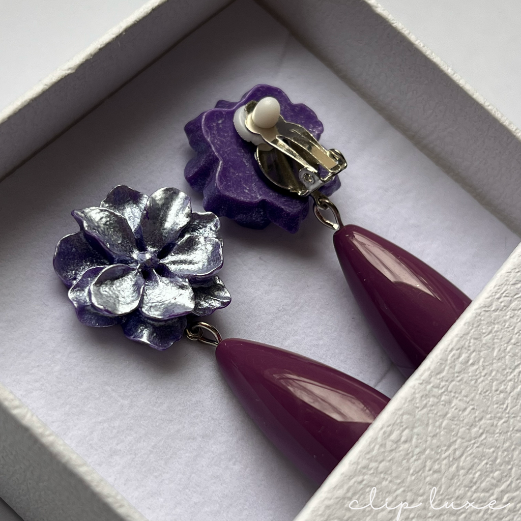 Soft lilac flower drop clip on earrings