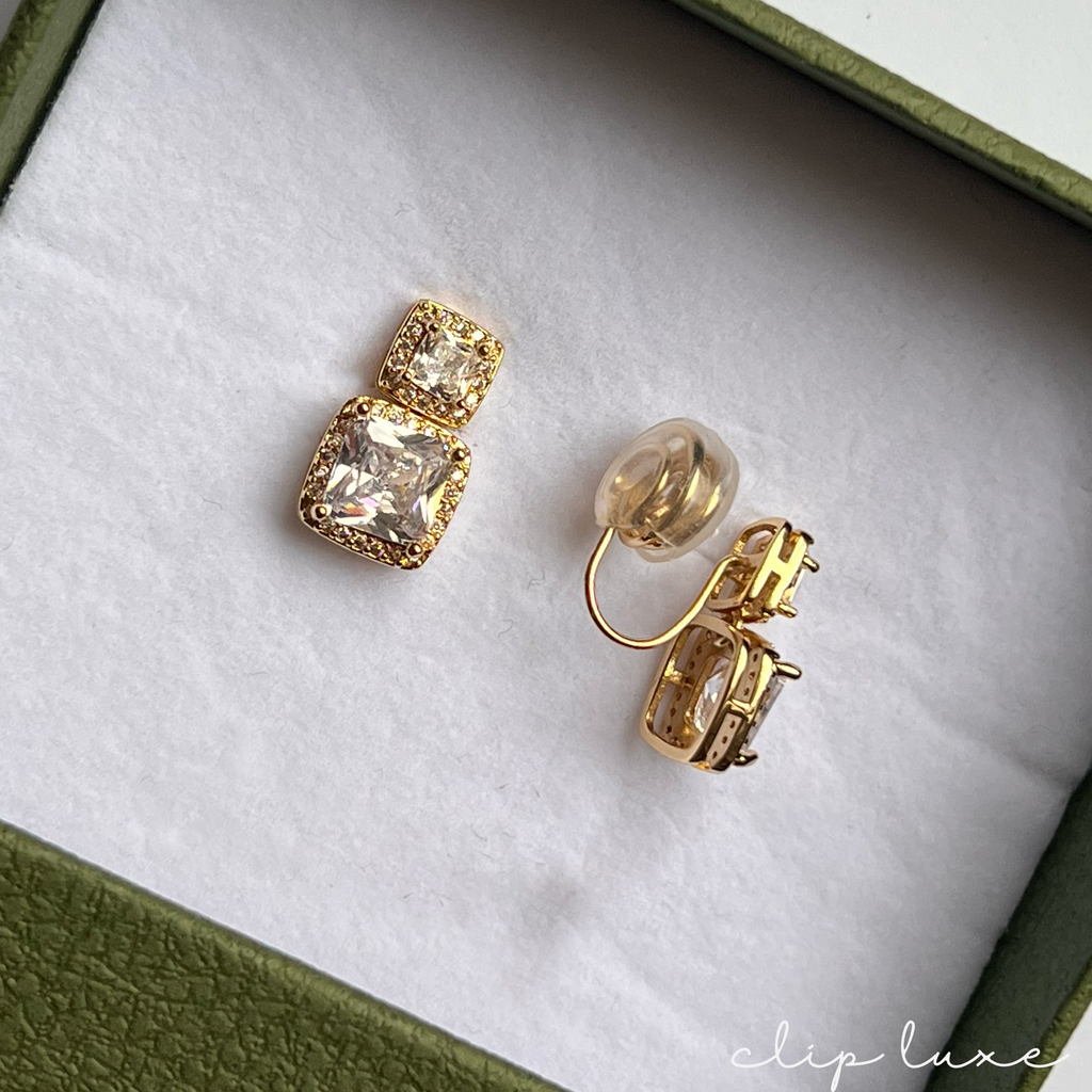 Polished gold crystal stud clip on earrings