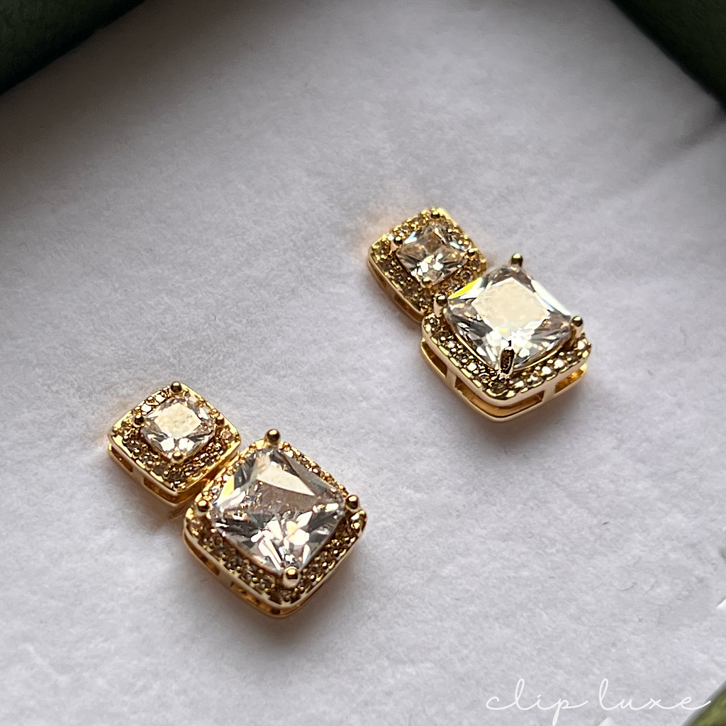 Polished gold crystal stud clip on earrings