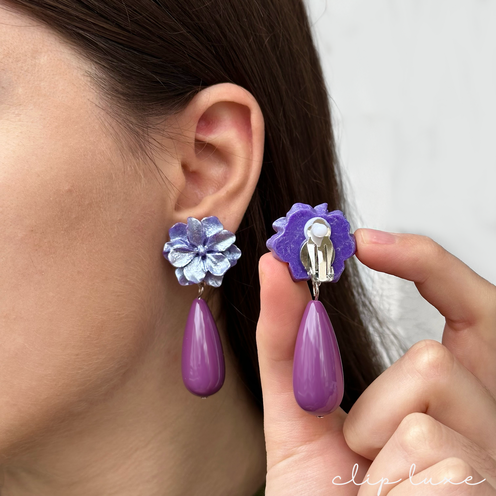 Soft lilac flower drop clip on earrings