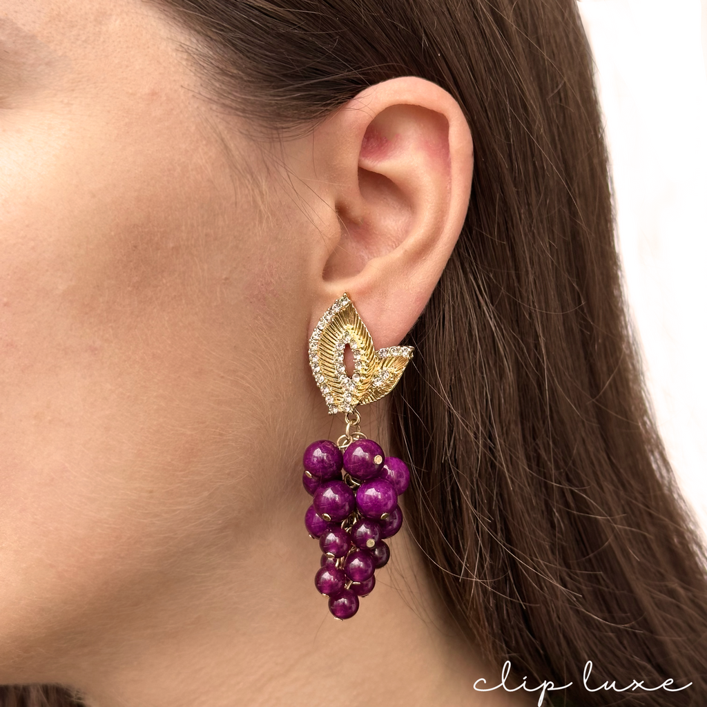 Opulent grape drop clip on earrings