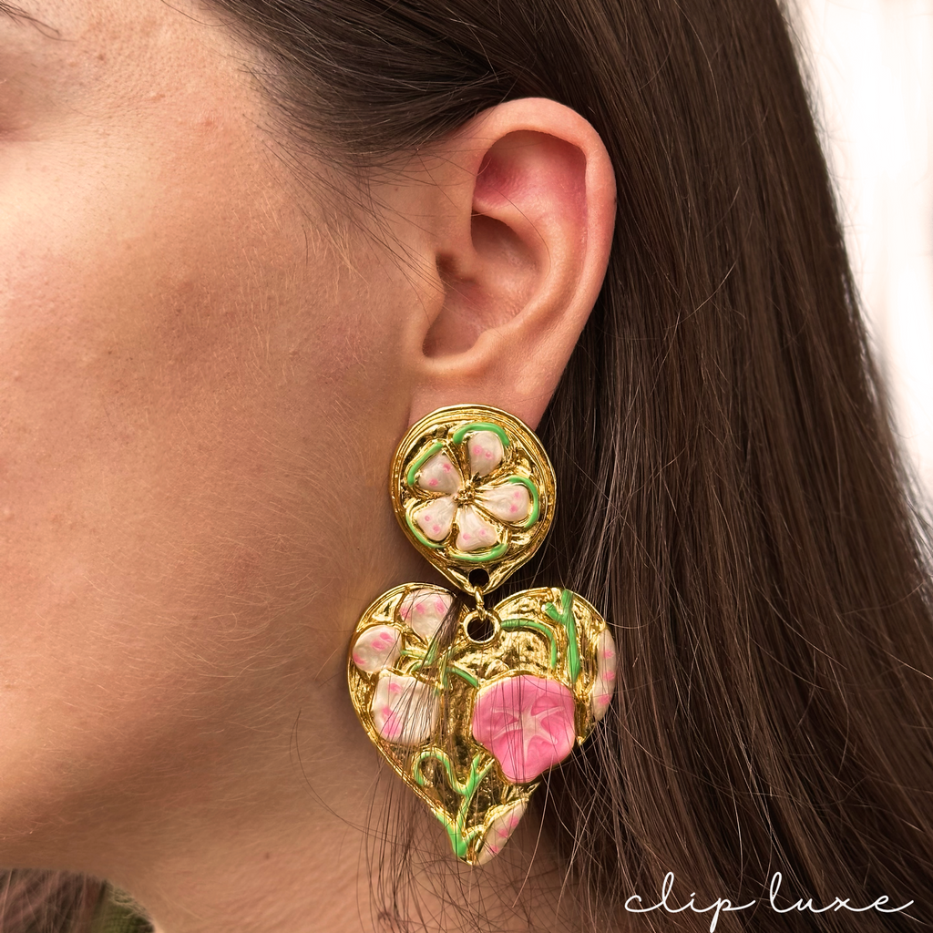 Statement chunky heart gold clip on earrings