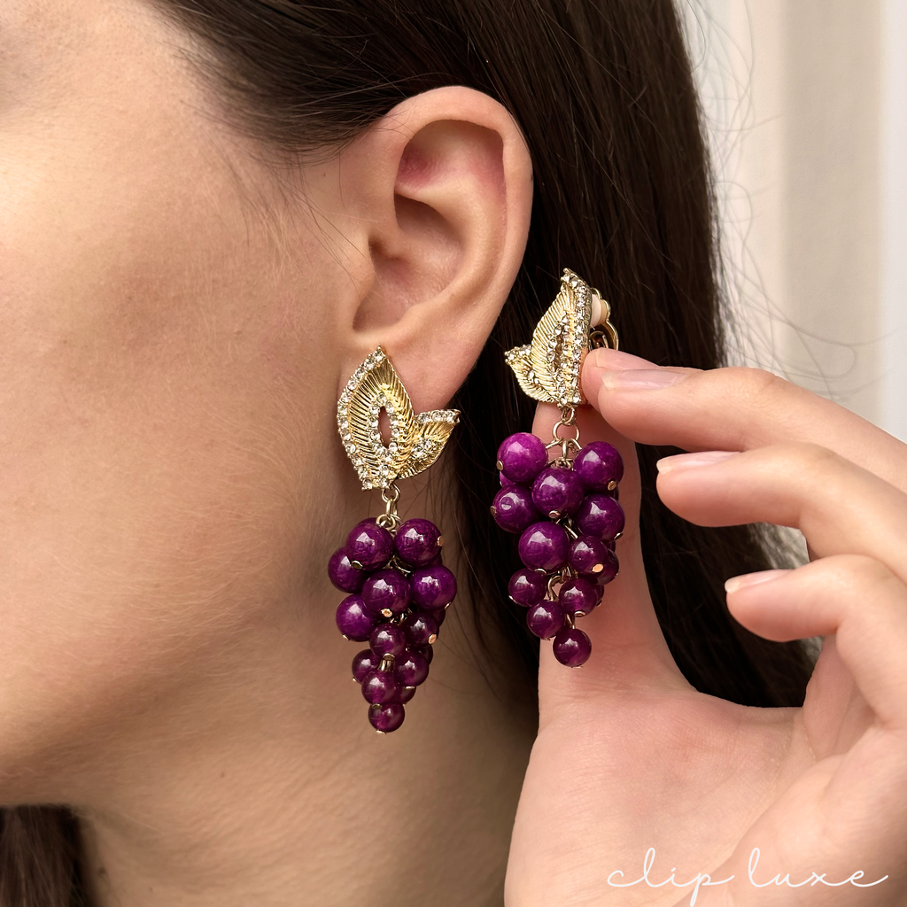 Opulent grape drop clip on earrings