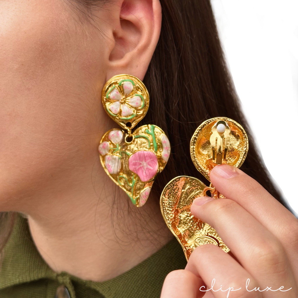 Statement chunky heart gold clip on earrings