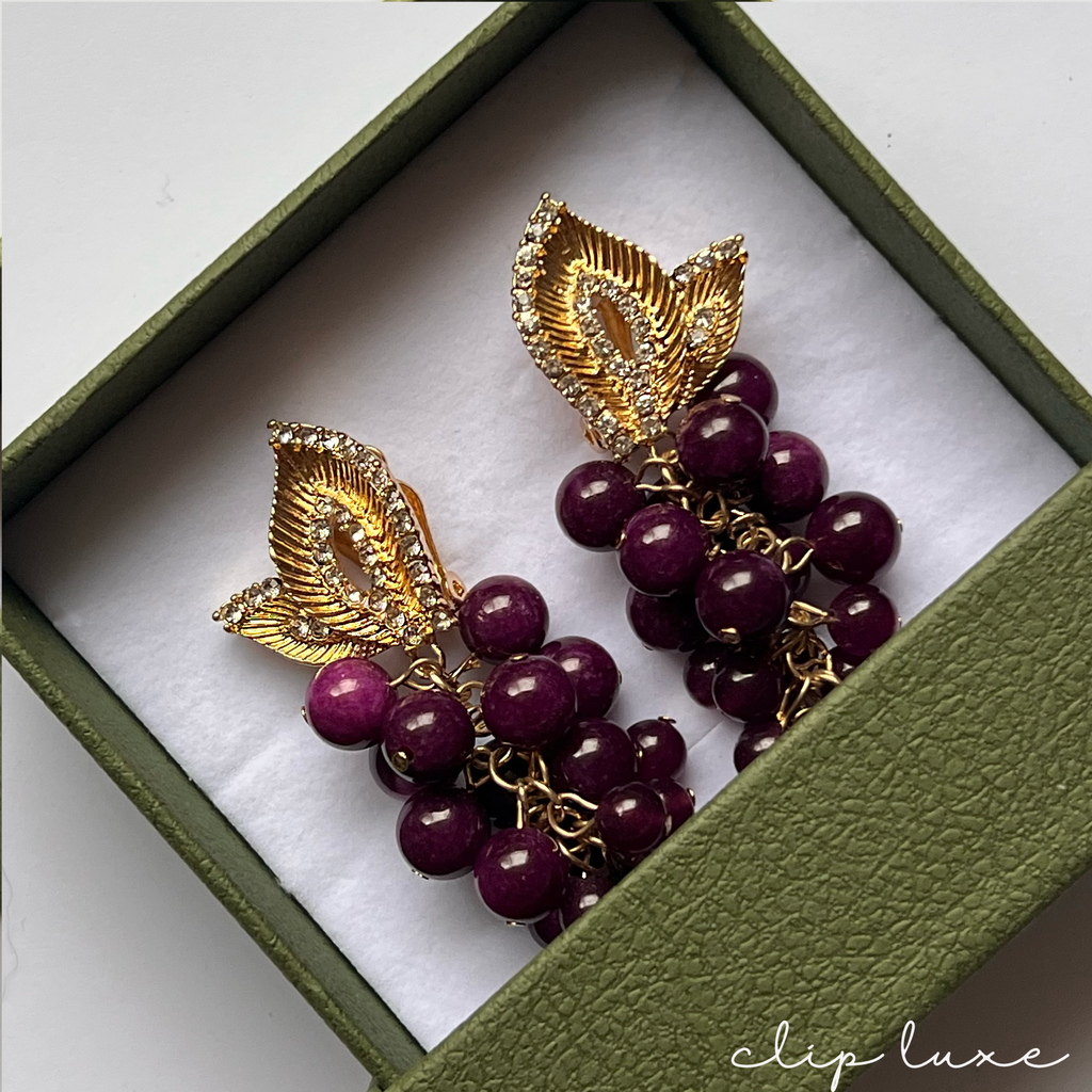 Opulent grape drop clip on earrings