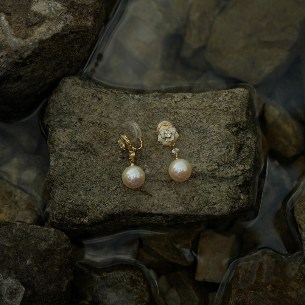Small rose with pearl clip on earrings