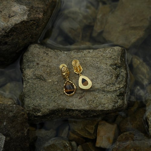 Elegant brown and gold stone clip on earrings