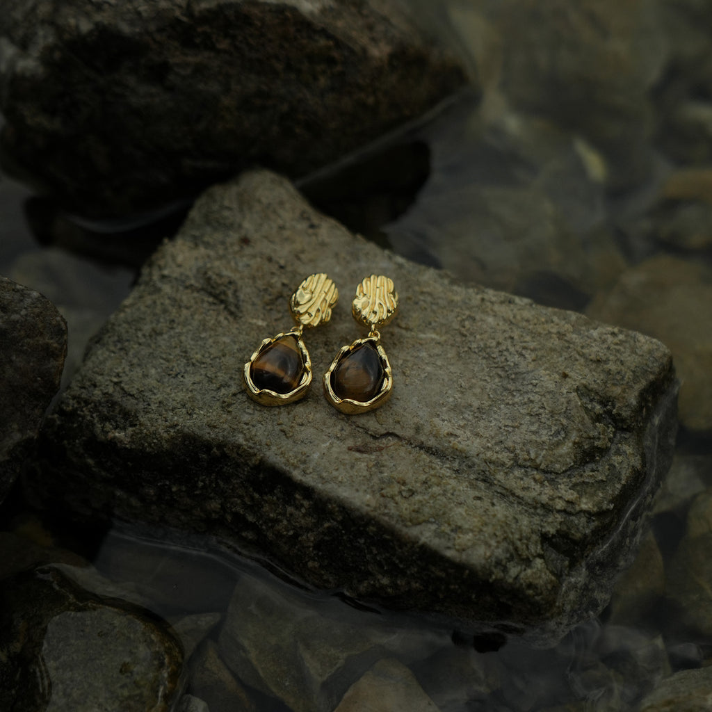 Elegant brown and gold stone clip on earrings