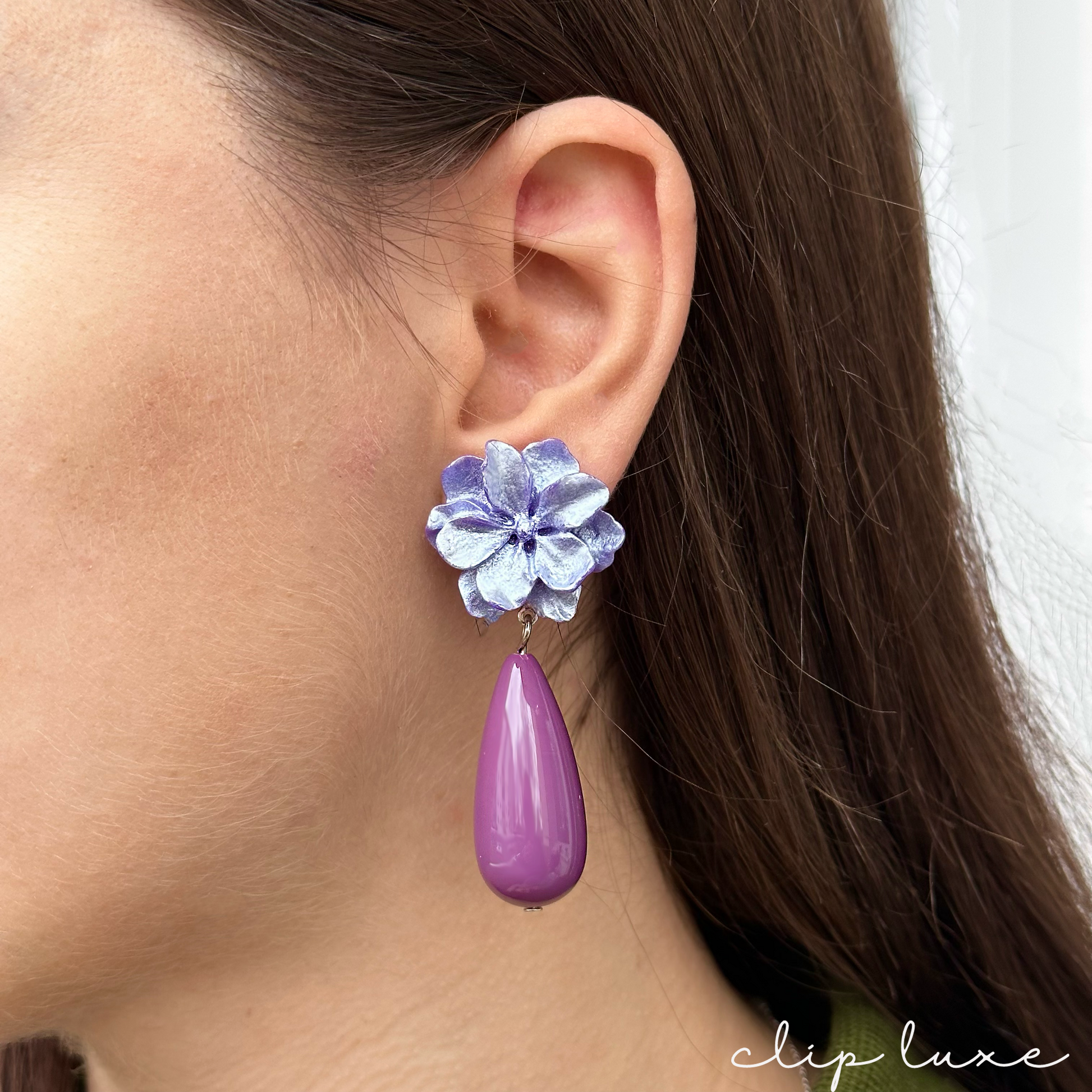 Soft lilac flower drop clip on earrings
